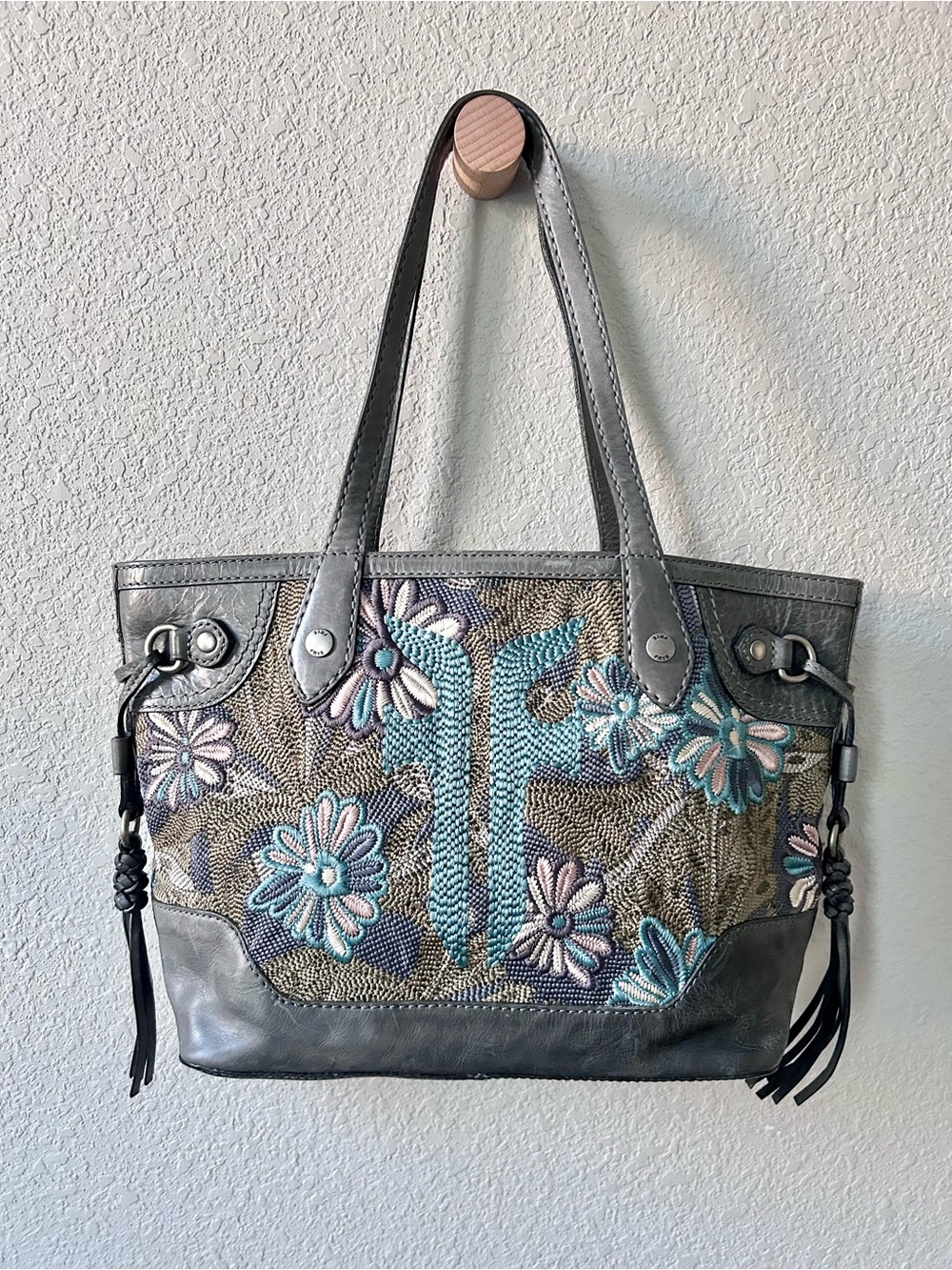 Frye Melissa Embroidery Carryall Tote Bag Leather Floral Gray Turquoise